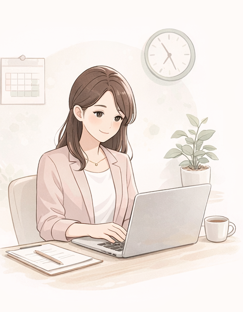 デスクでパソコン作業をする女性のイラスト
