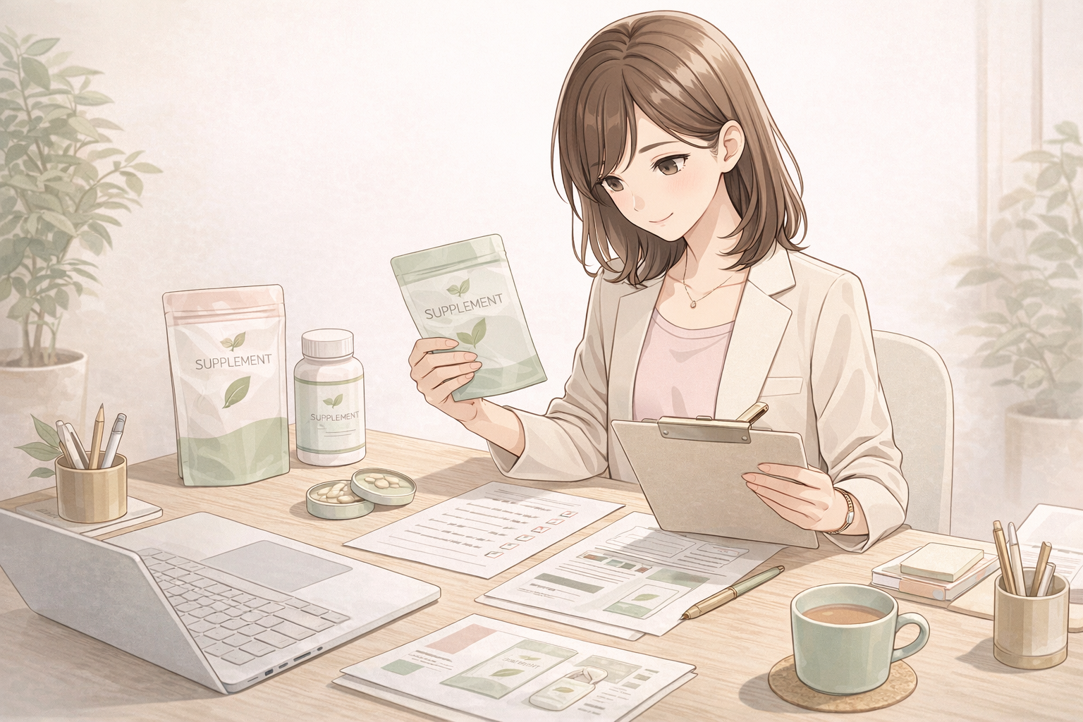 書類・パッケージ案・チェックリストを確認する担当者のイラスト